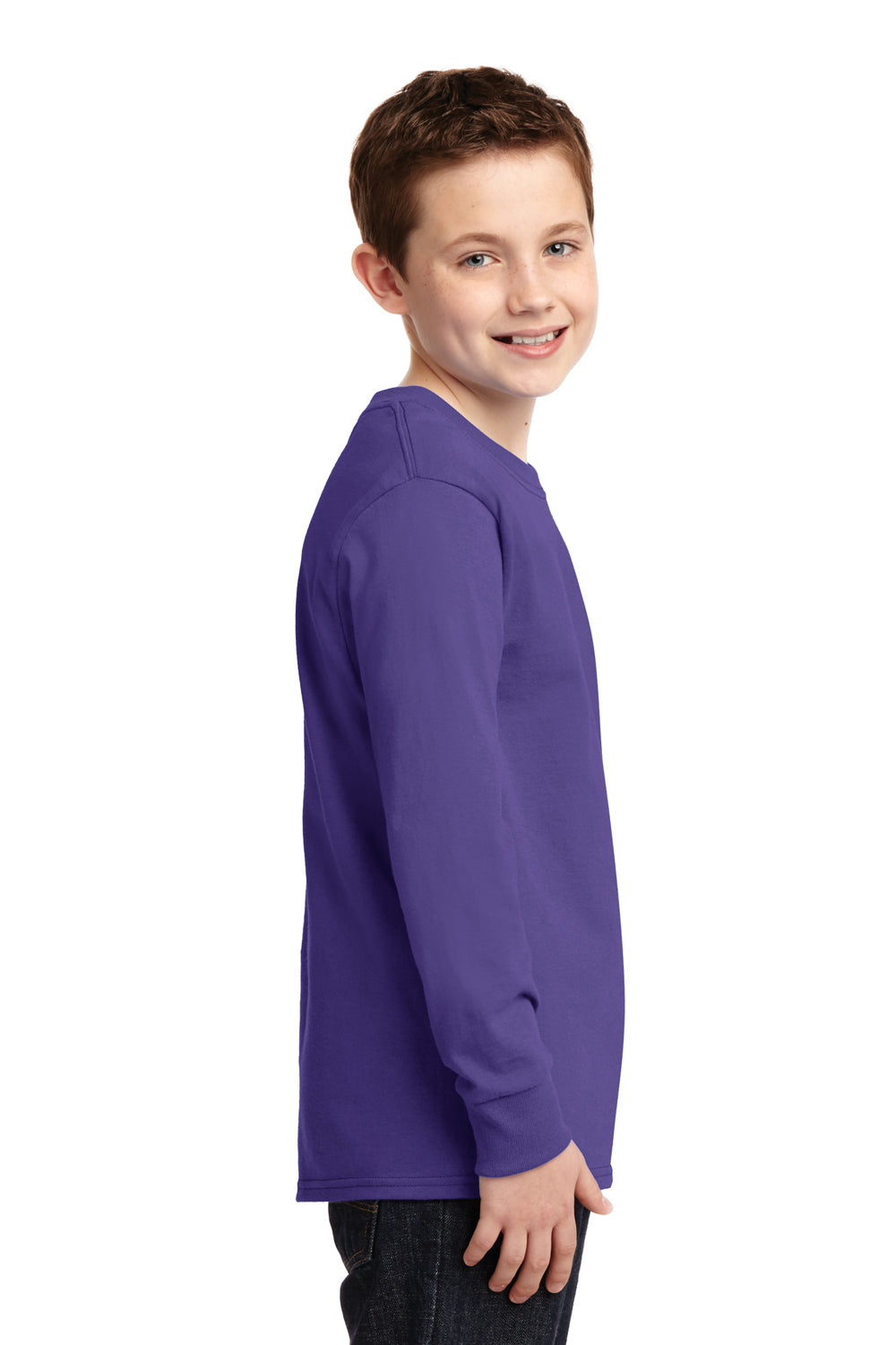 Port & Company PC54YLS Youth Core Long Sleeve Crewneck T-Shirt Purple Model Side