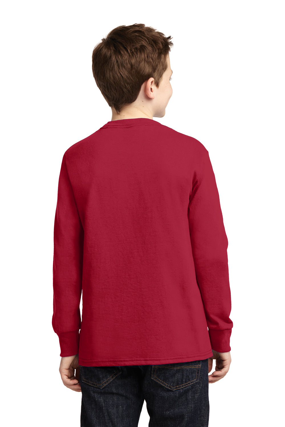 Port & Company PC54YLS Youth Core Long Sleeve Crewneck T-Shirt Red Model Back