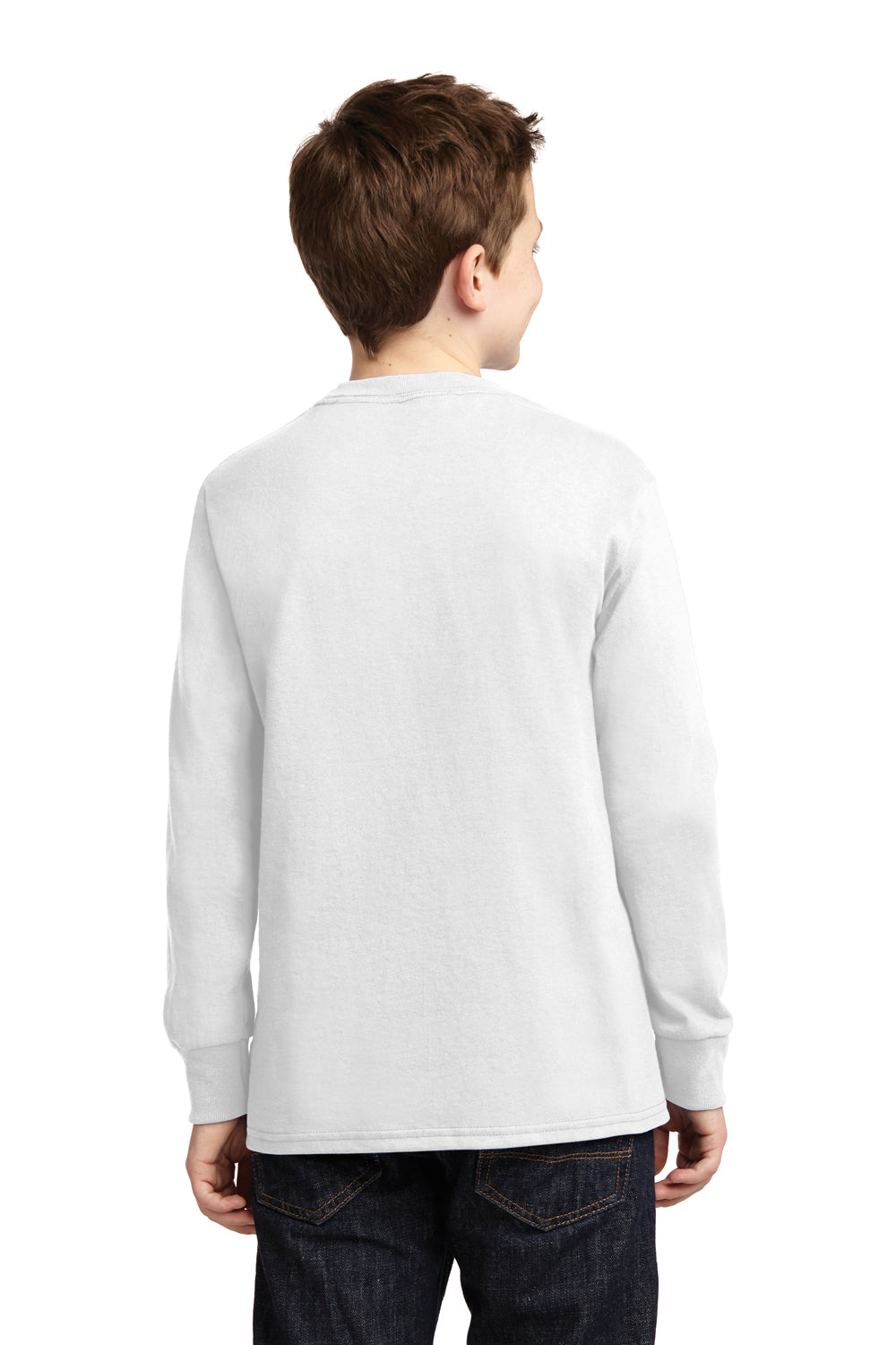 Port & Company PC54YLS Youth Core Long Sleeve Crewneck T-Shirt White Model Back