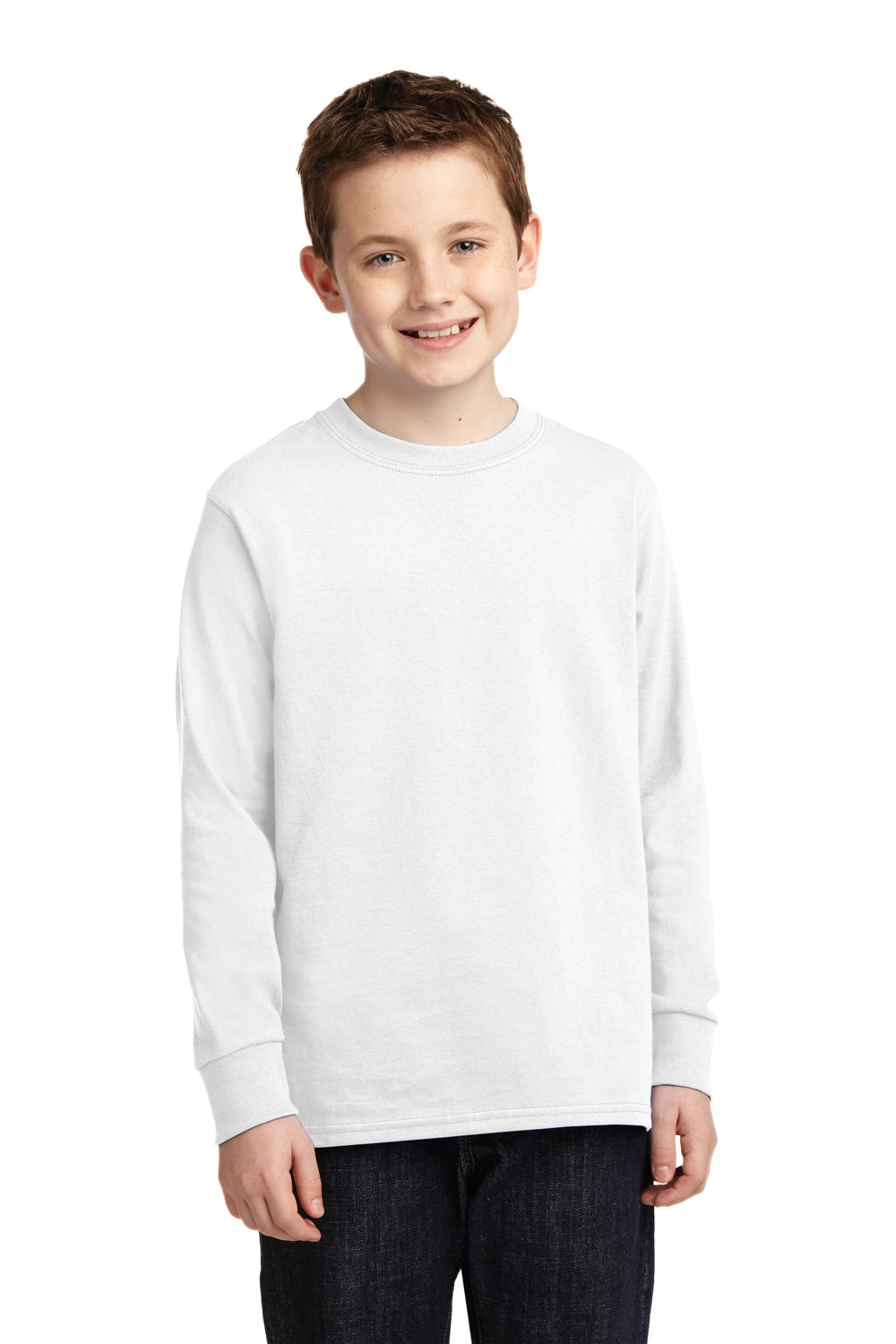 Port & Company PC54YLS Youth Core Long Sleeve Crewneck T-Shirt White Model Front