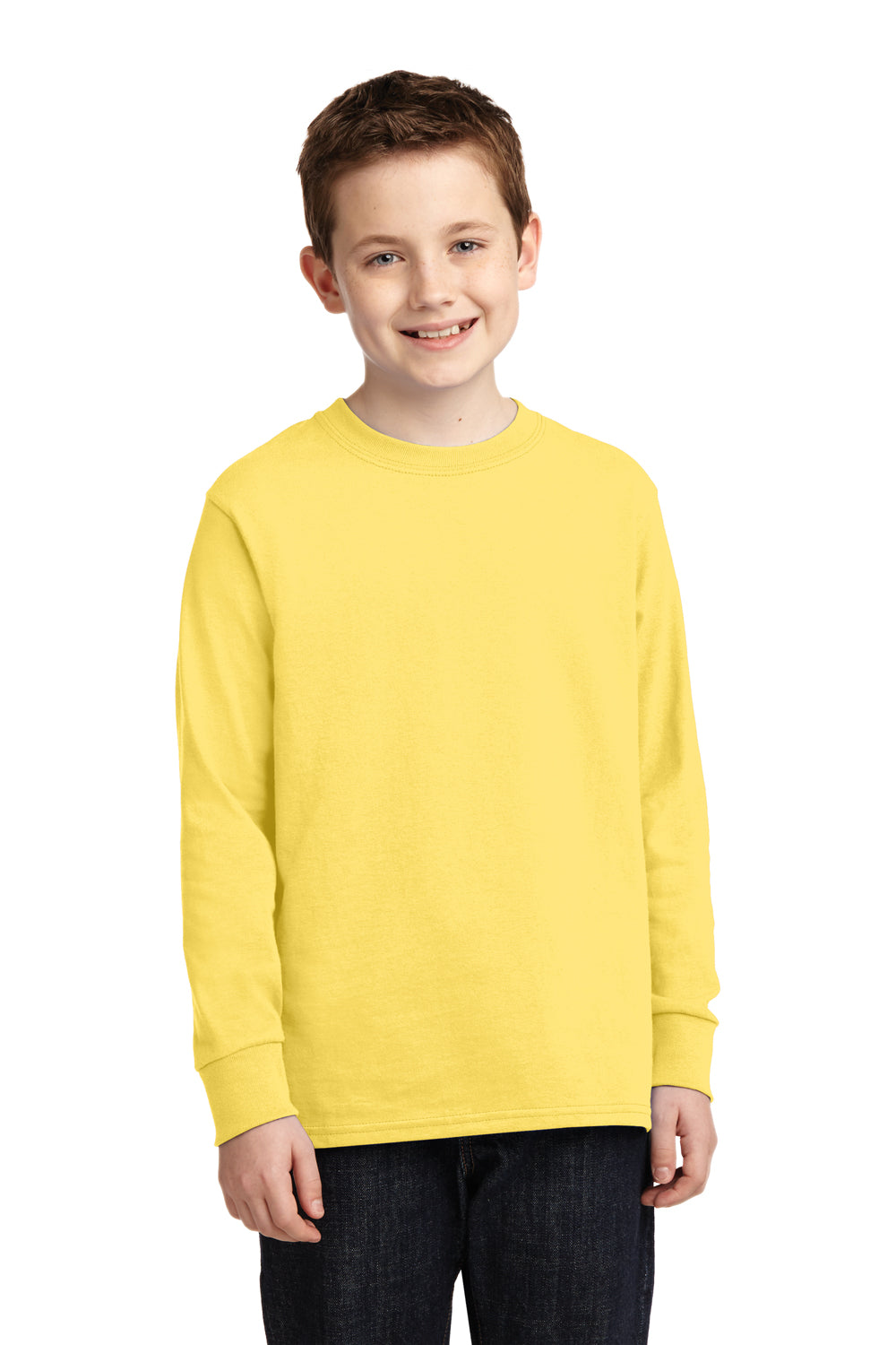 Port & Company PC54YLS Youth Core Long Sleeve Crewneck T-Shirt Yellow Model Front