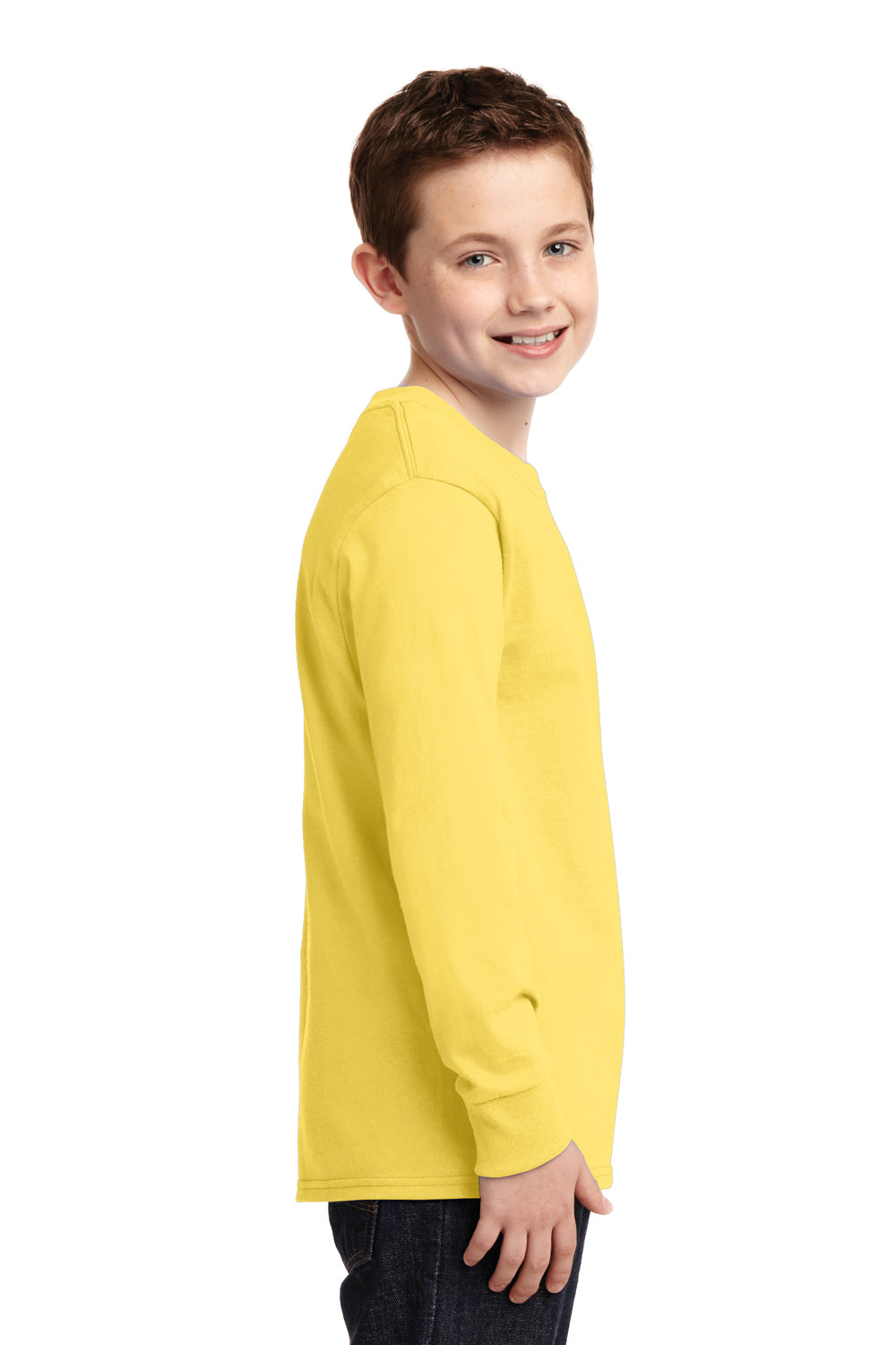 Port & Company PC54YLS Youth Core Long Sleeve Crewneck T-Shirt Yellow Model Side