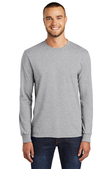 Port & Company PC55LS/PC55LST Mens Core Long Sleeve Crewneck T-Shirt Ash Grey Model Front