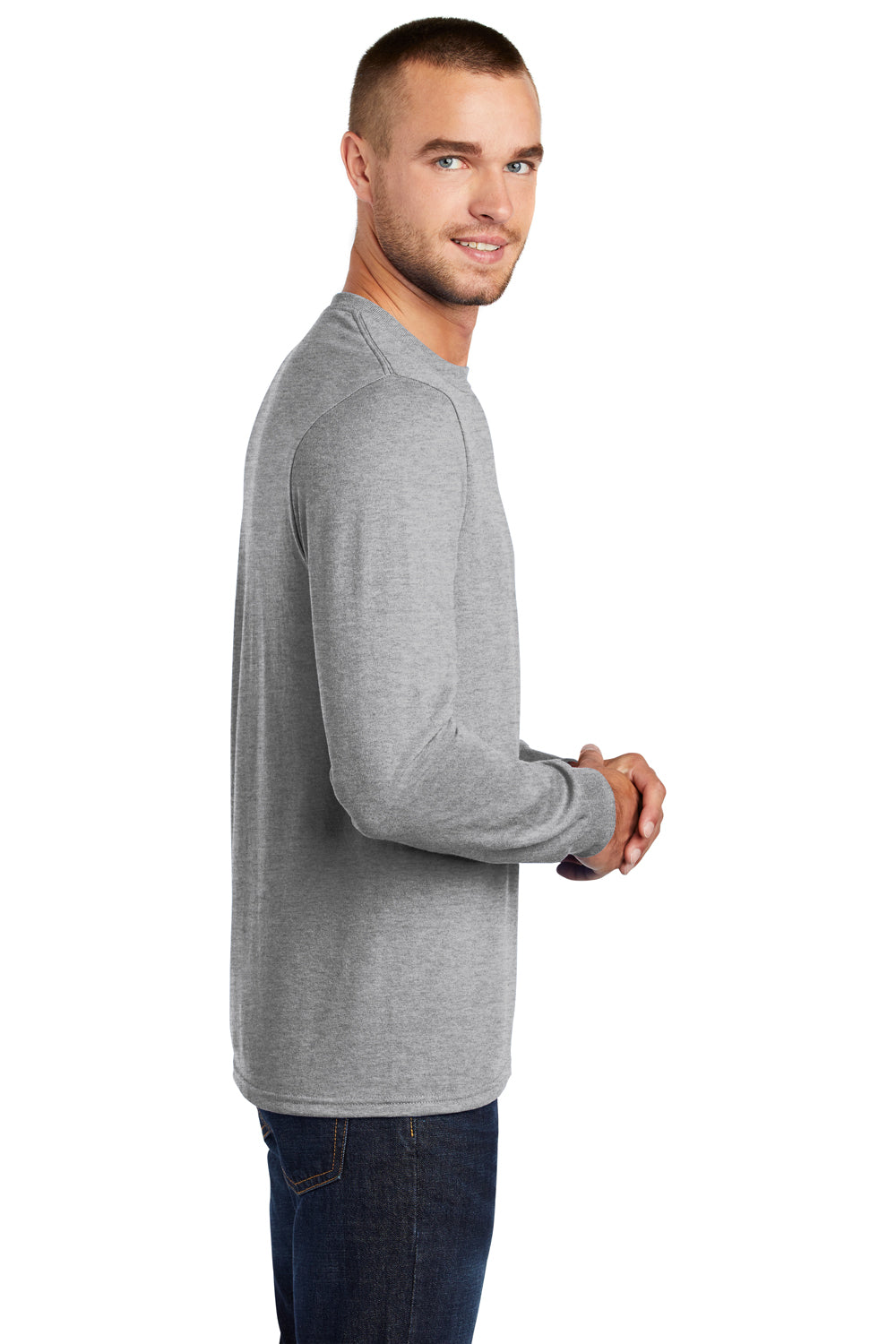 Port & Company PC55LS/PC55LST Mens Core Long Sleeve Crewneck T-Shirt Ash Grey Model Side