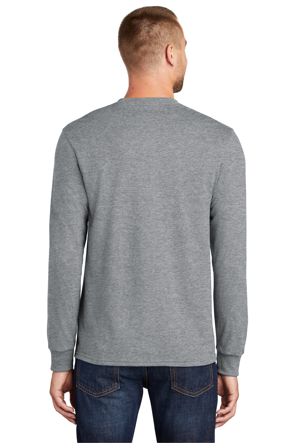 Port & Company PC55LS/PC55LST Mens Core Long Sleeve Crewneck T-Shirt Heather Grey Model Back