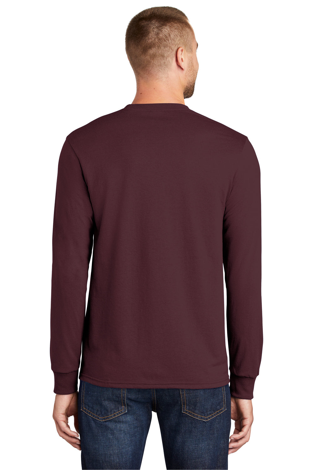 Port & Company PC55LS/PC55LST Mens Core Long Sleeve Crewneck T-Shirt Athletic Maroon Model Back