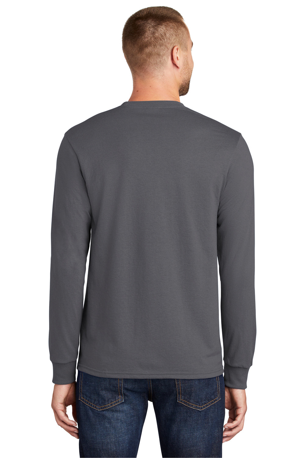 Port & Company PC55LS/PC55LST Mens Core Long Sleeve Crewneck T-Shirt Charcoal Grey Model Back