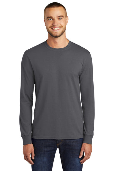 Port & Company PC55LS/PC55LST Mens Core Long Sleeve Crewneck T-Shirt Charcoal Grey Model Front