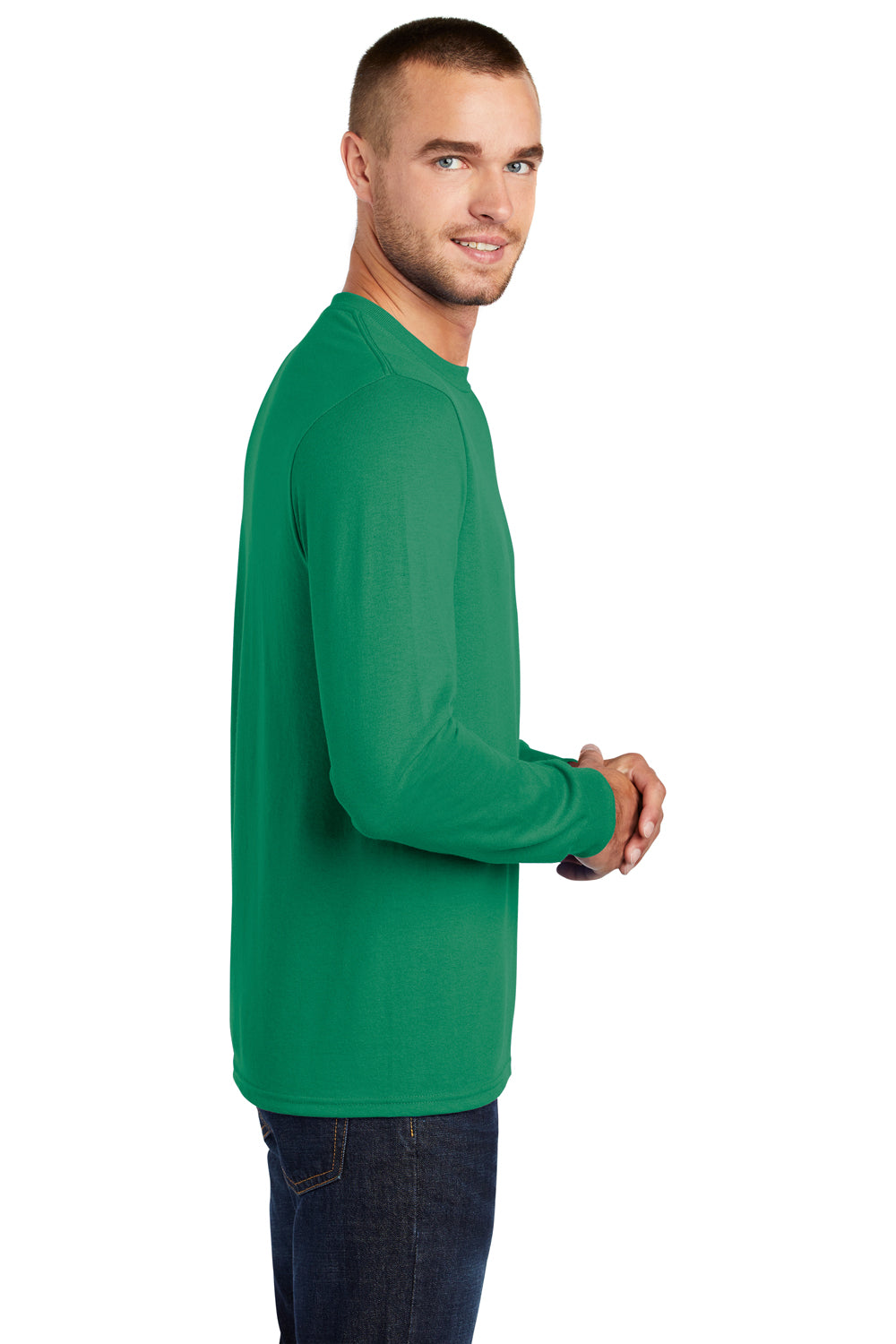 Port & Company PC55LS/PC55LST Mens Core Long Sleeve Crewneck T-Shirt Kelly Green Model Side