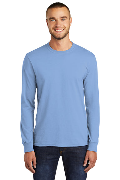 Port & Company PC55LS/PC55LST Mens Core Long Sleeve Crewneck T-Shirt Light Blue Model Front