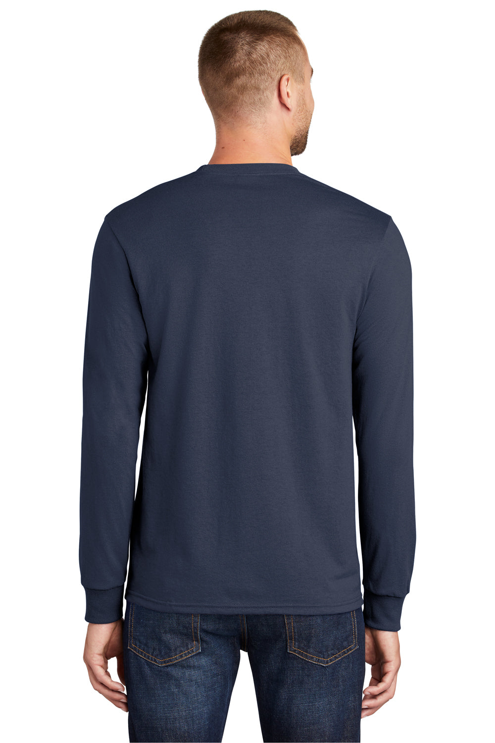 Port & Company PC55LS/PC55LST Mens Core Long Sleeve Crewneck T-Shirt Navy Blue Model Back