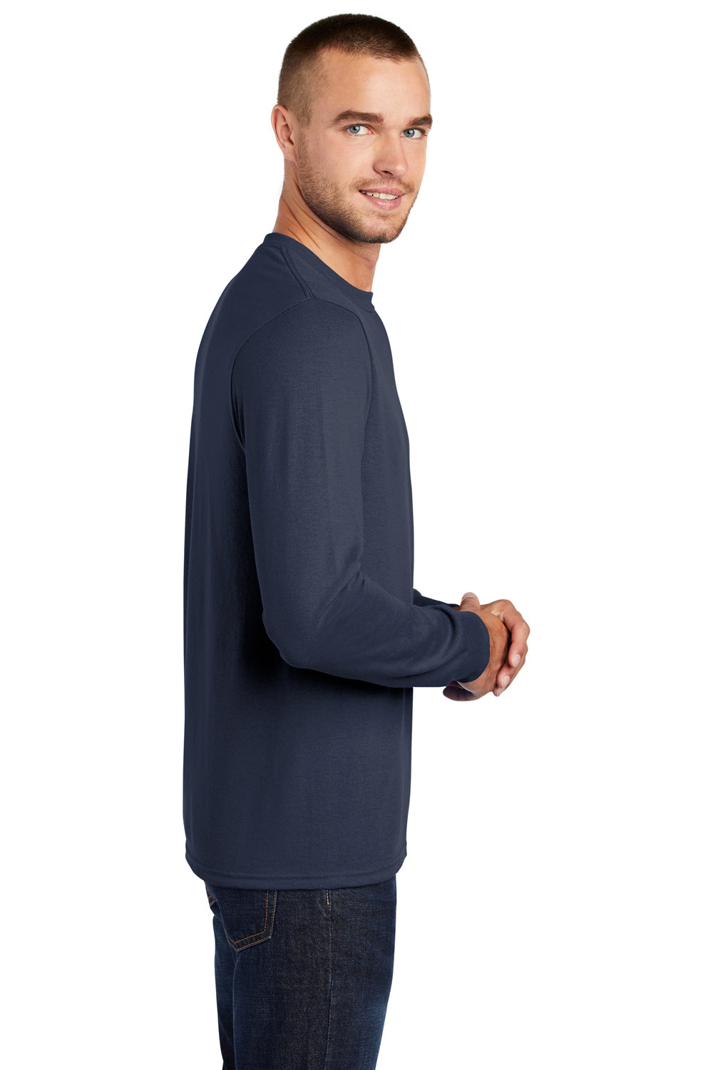 Port & Company PC55LS/PC55LST Mens Core Long Sleeve Crewneck T-Shirt Navy Blue Model Side