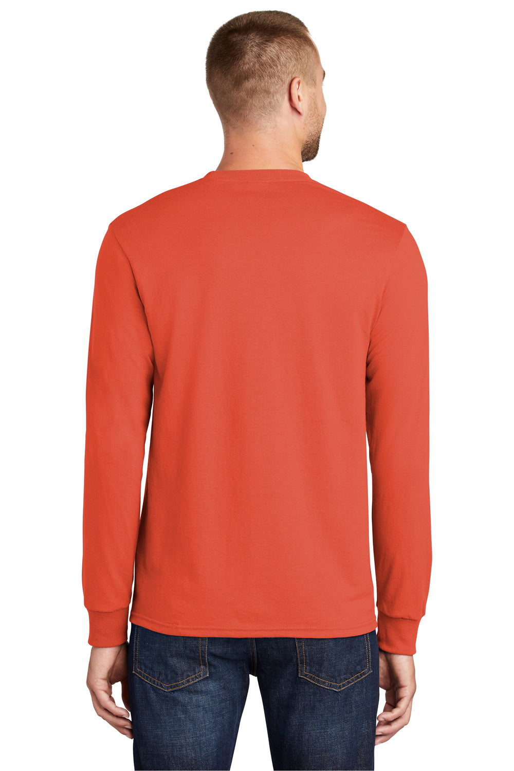 Port & Company PC55LS/PC55LST Mens Core Long Sleeve Crewneck T-Shirt Orange Model Back