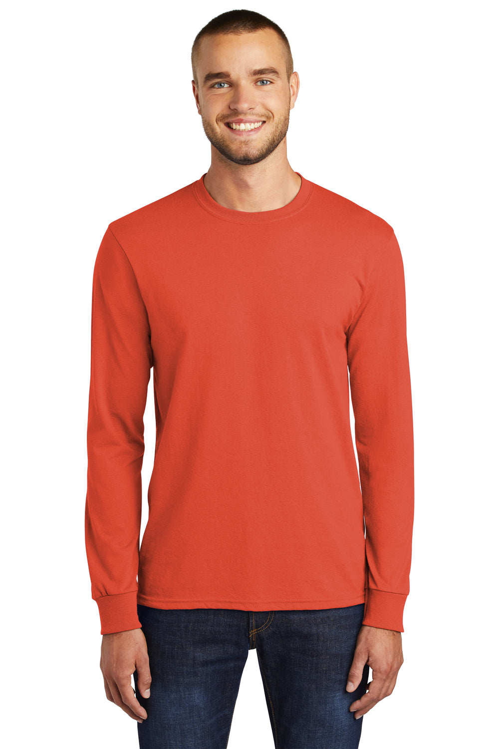 Port & Company PC55LS/PC55LST Mens Core Long Sleeve Crewneck T-Shirt Orange Model Front