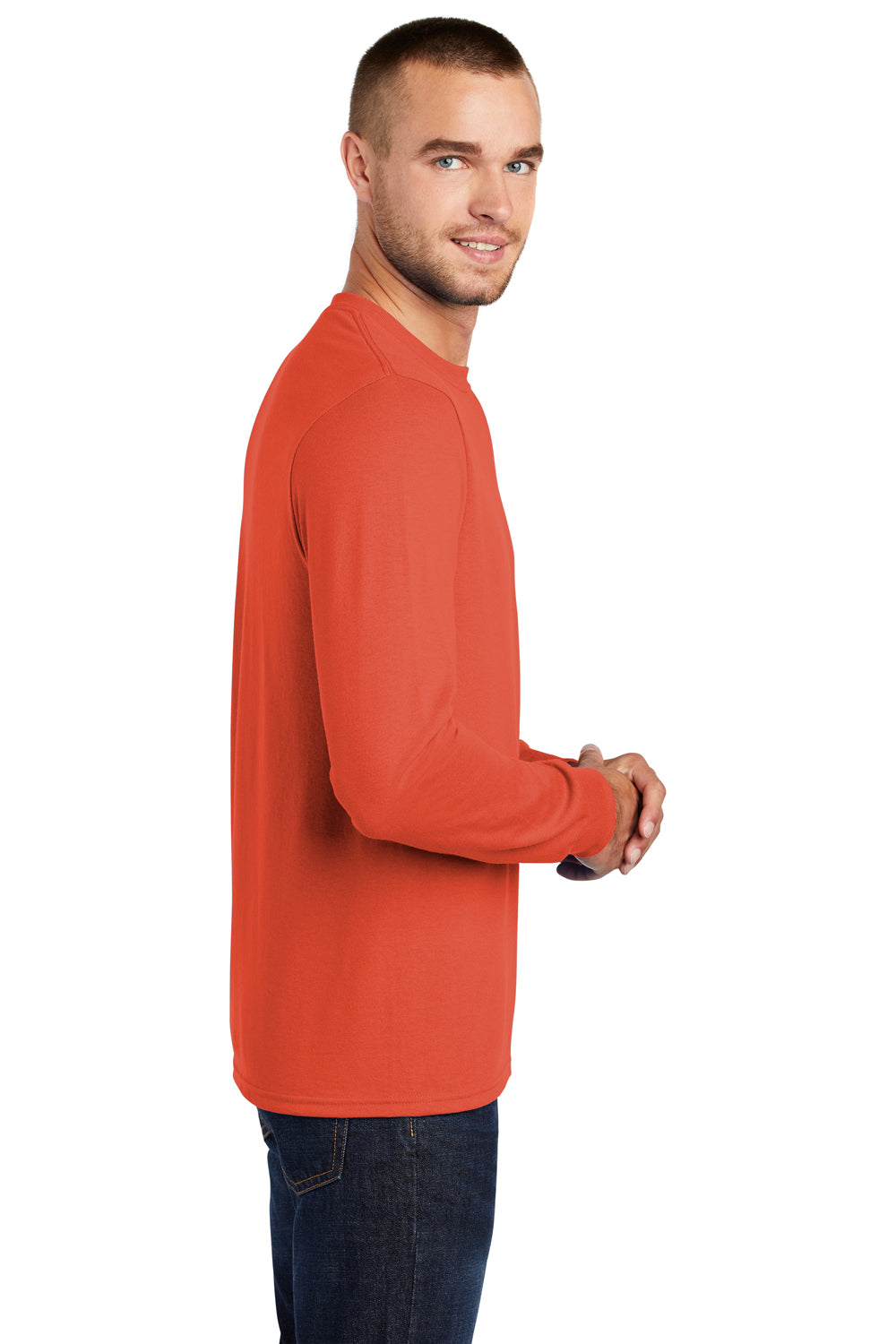 Port & Company PC55LS/PC55LST Mens Core Long Sleeve Crewneck T-Shirt Orange Model Side