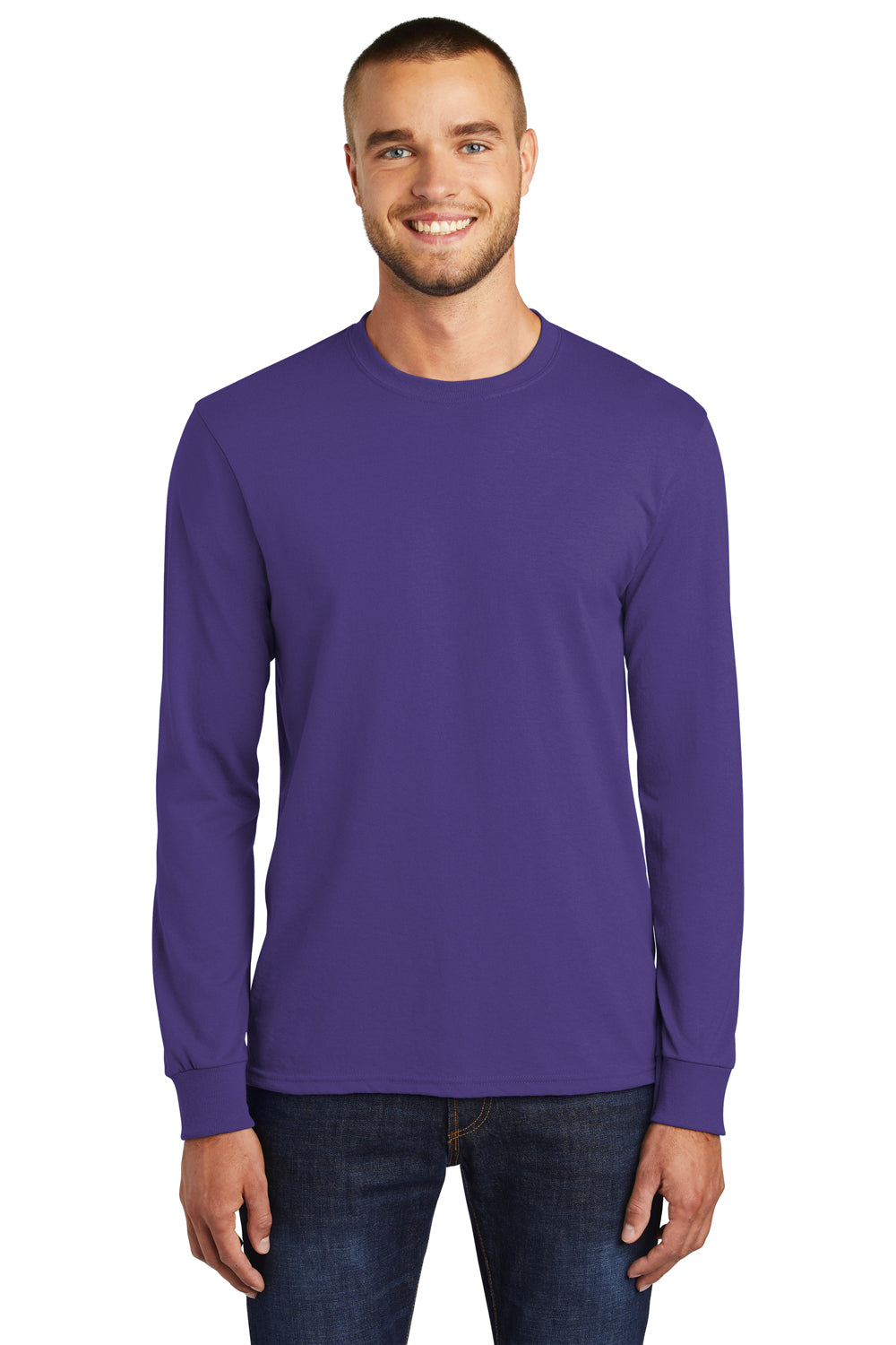 Port & Company PC55LS/PC55LST Mens Core Long Sleeve Crewneck T-Shirt Purple Model Front