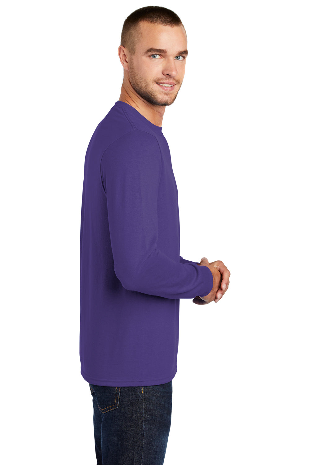 Port & Company PC55LS/PC55LST Mens Core Long Sleeve Crewneck T-Shirt Purple Model Side