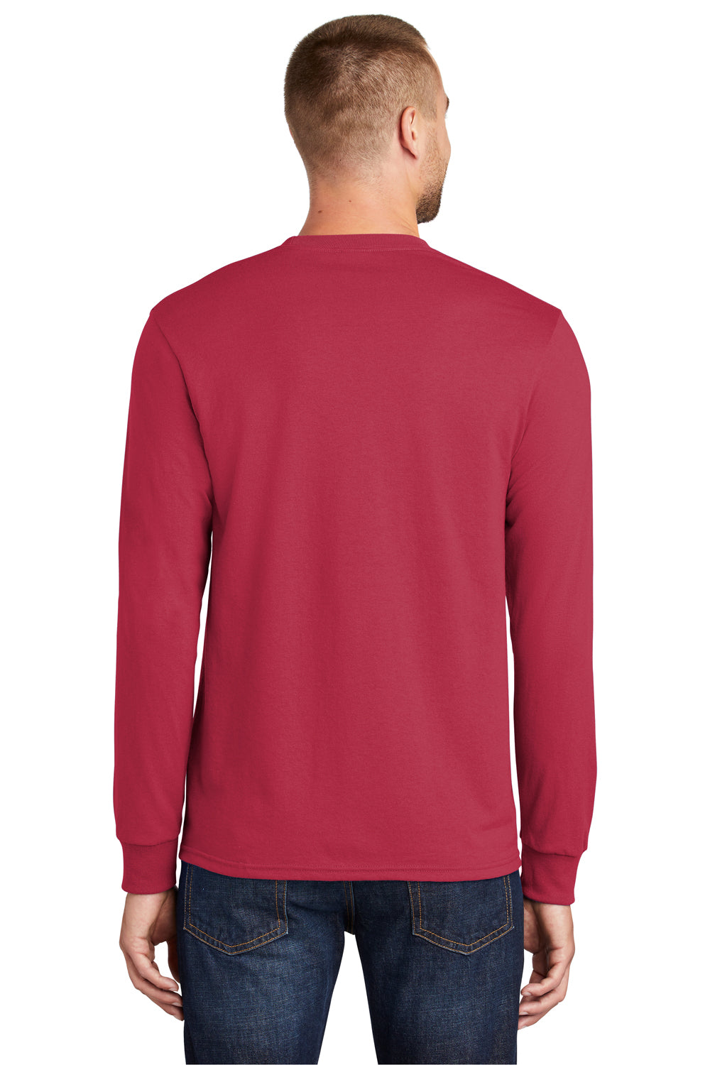 Port & Company PC55LS/PC55LST Mens Core Long Sleeve Crewneck T-Shirt Red Model Back