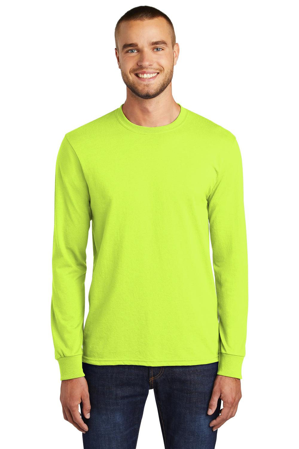 Port & Company PC55LS/PC55LST Mens Core Long Sleeve Crewneck T-Shirt Safety Green Model Front