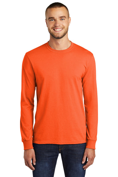 Port & Company PC55LS/PC55LST Mens Core Long Sleeve Crewneck T-Shirt Safety Orange Model Front