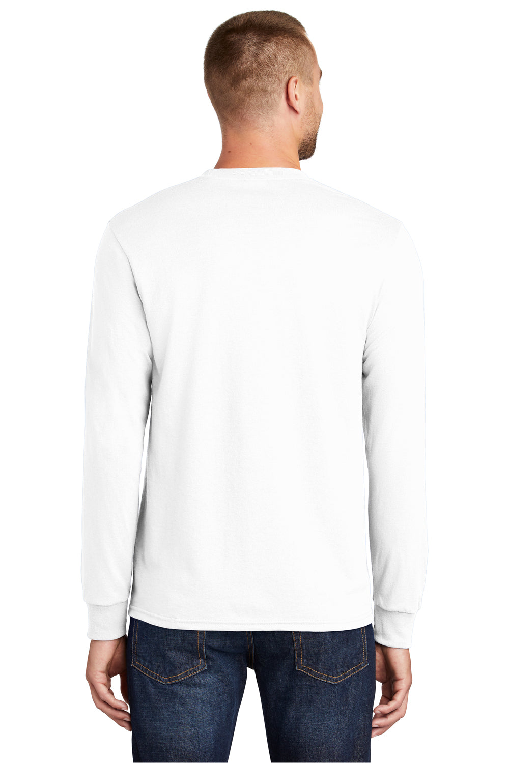 Port & Company PC55LS/PC55LST Mens Core Long Sleeve Crewneck T-Shirt White Model Back