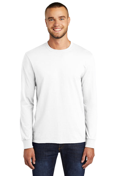 Port & Company PC55LS/PC55LST Mens Core Long Sleeve Crewneck T-Shirt White Model Front