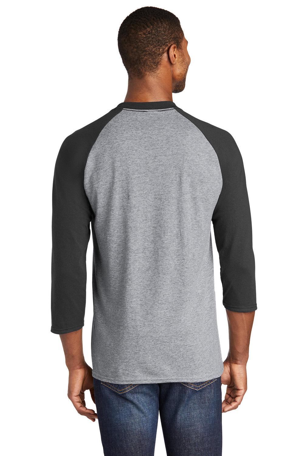 Port & Company PC55RS Mens Core Moisture Wicking 3/4 Sleeve Crewneck T-Shirt Heather Grey/Jet Black Model Back