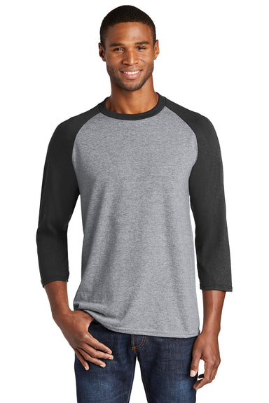 Port & Company PC55RS Mens Core Moisture Wicking 3/4 Sleeve Crewneck T-Shirt Heather Grey/Jet Black Model Front