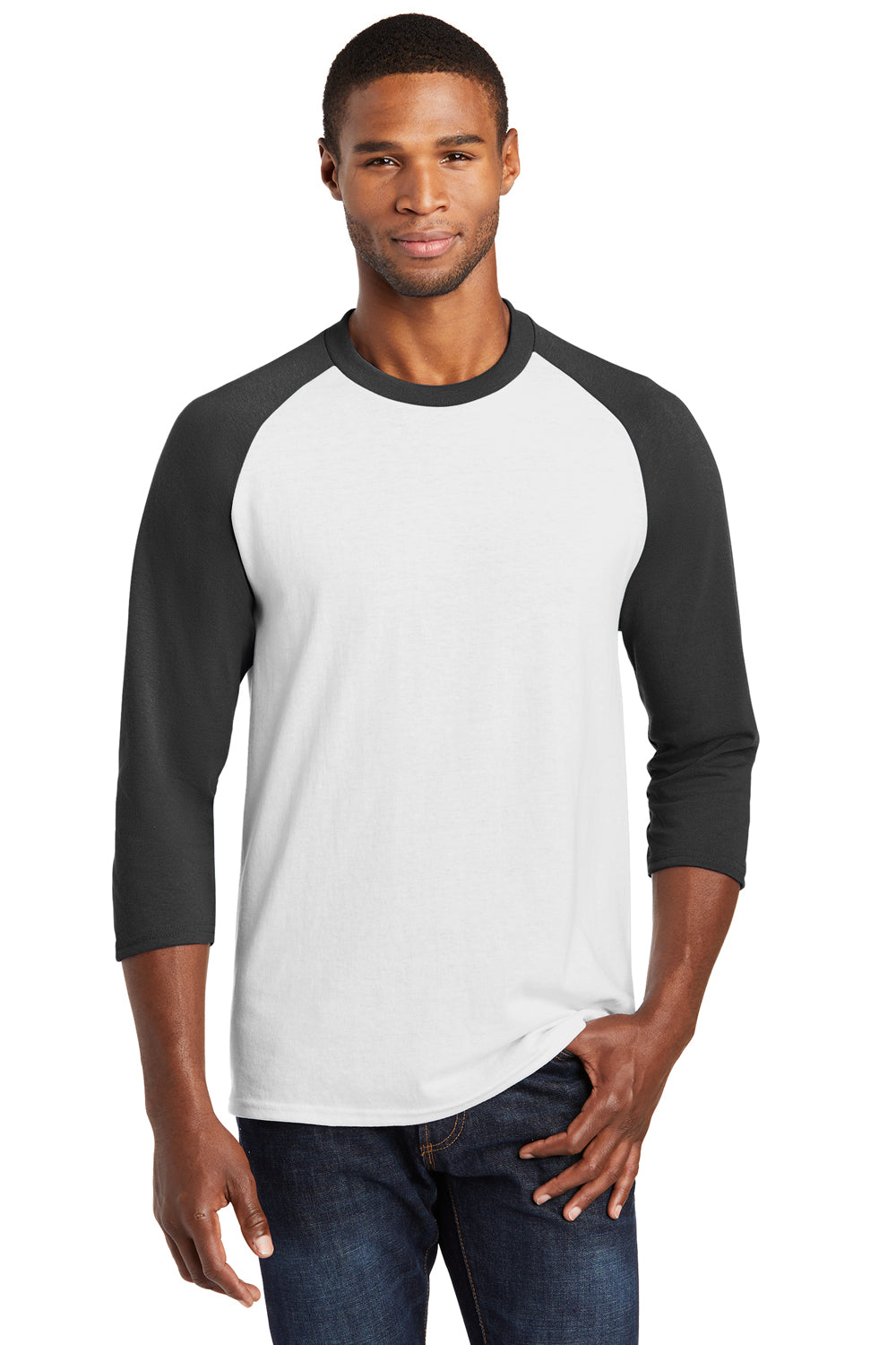 Port & Company PC55RS Mens Core Moisture Wicking 3/4 Sleeve Crewneck T-Shirt White/Jet Black Model Front