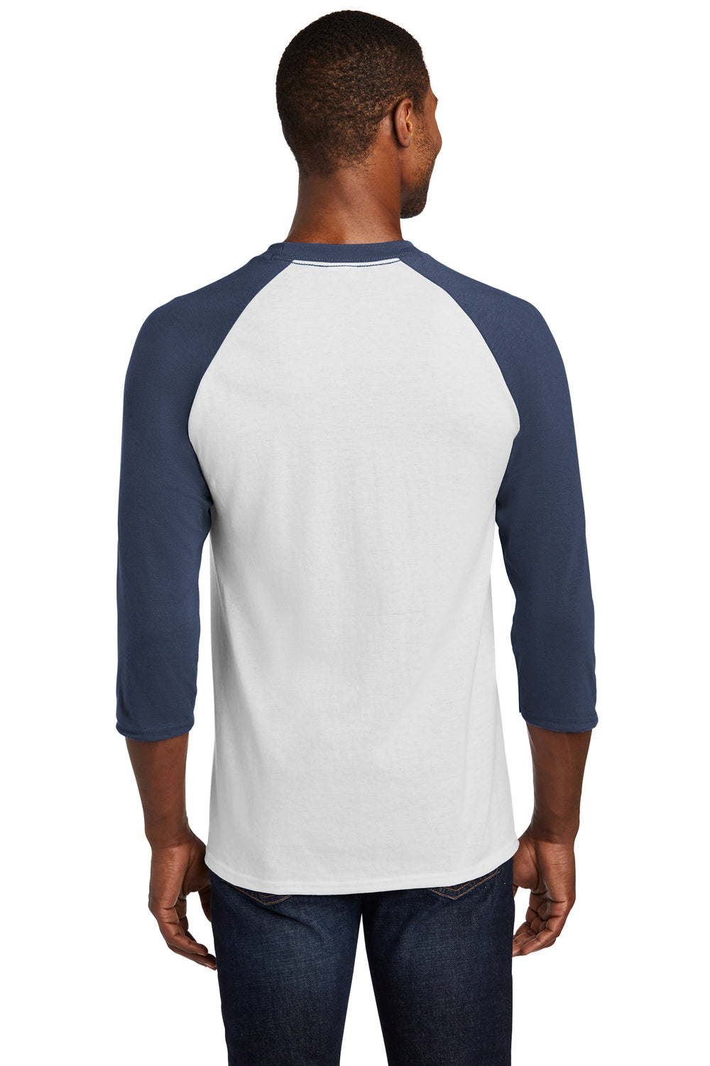 Port & Company PC55RS Mens Core Moisture Wicking 3/4 Sleeve Crewneck T-Shirt White/Navy Blue Model Back