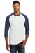 Port & Company PC55RS Mens Core Moisture Wicking 3/4 Sleeve Crewneck T-Shirt White/Navy Blue Model Front