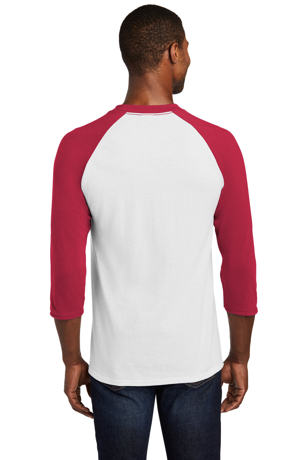 Port & Company PC55RS Mens Core Moisture Wicking 3/4 Sleeve Crewneck T-Shirt White/Red Model Back