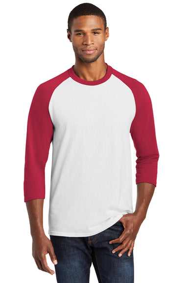 Port & Company PC55RS Mens Core Moisture Wicking 3/4 Sleeve Crewneck T-Shirt White/Red Model Front