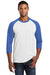 Port & Company PC55RS Mens Core Moisture Wicking 3/4 Sleeve Crewneck T-Shirt White/Royal Blue Model Front