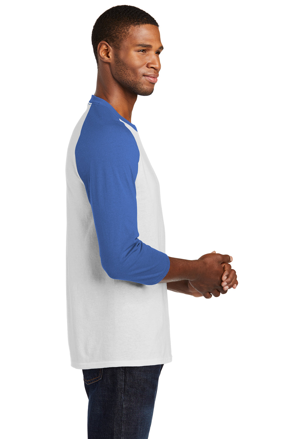 Port & Company PC55RS Mens Core Moisture Wicking 3/4 Sleeve Crewneck T-Shirt White/Royal Blue Model Side