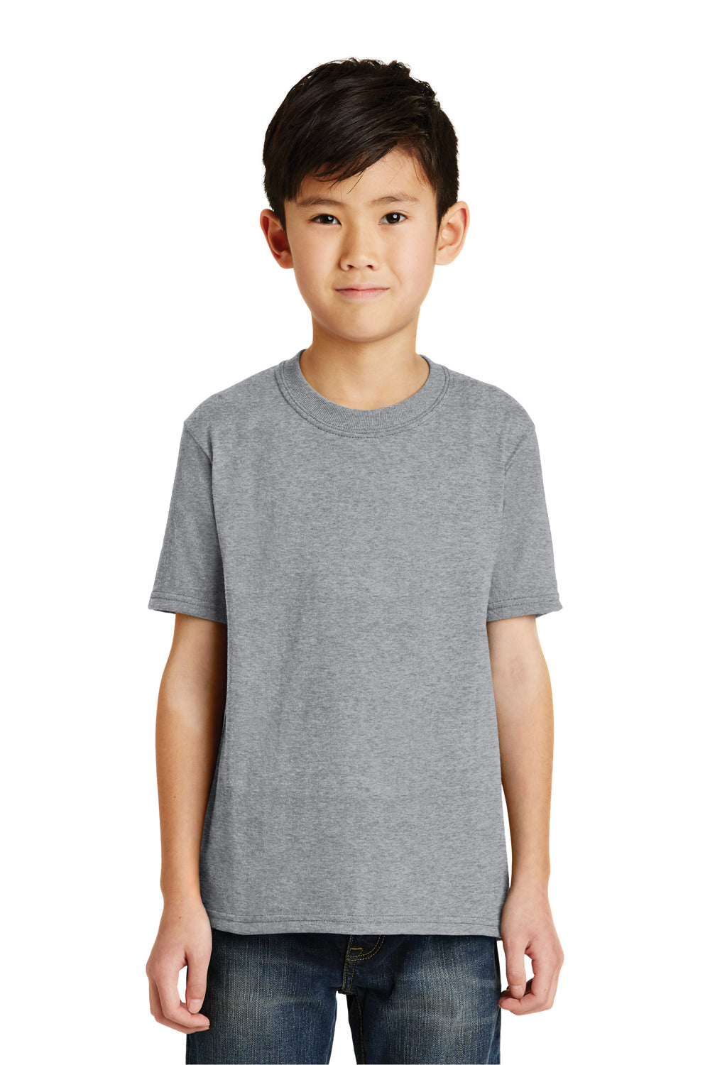 Port & Company PC55Y Youth Core Short Sleeve Crewneck T-Shirt Heather Grey Model Front