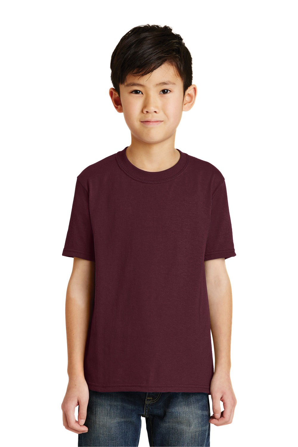 Port & Company PC55Y Youth Core Short Sleeve Crewneck T-Shirt Athletic Maroon Model Front