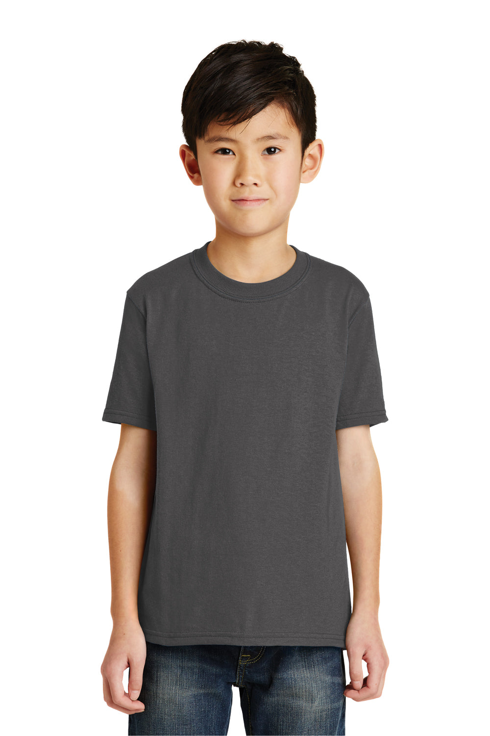 Port & Company PC55Y Youth Core Short Sleeve Crewneck T-Shirt Charcoal Grey Model Front