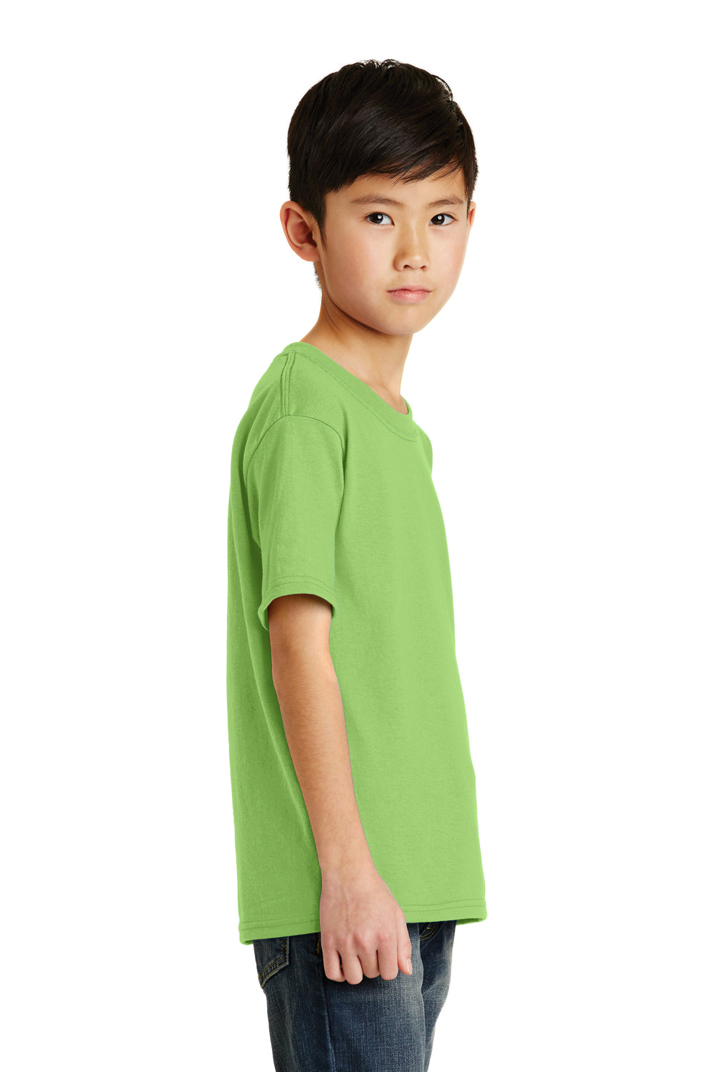 Port & Company PC55Y Youth Core Short Sleeve Crewneck T-Shirt Lime Green Model Side