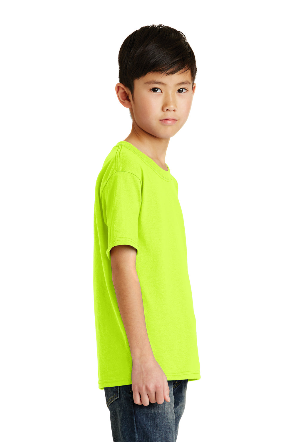 Port & Company PC55Y Youth Core Short Sleeve Crewneck T-Shirt Safety Green Model Side