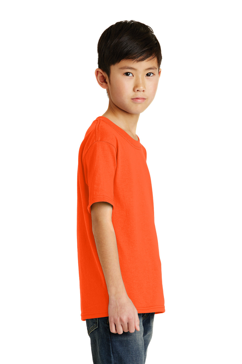 Port & Company PC55Y Youth Core Short Sleeve Crewneck T-Shirt Safety Orange Model Side