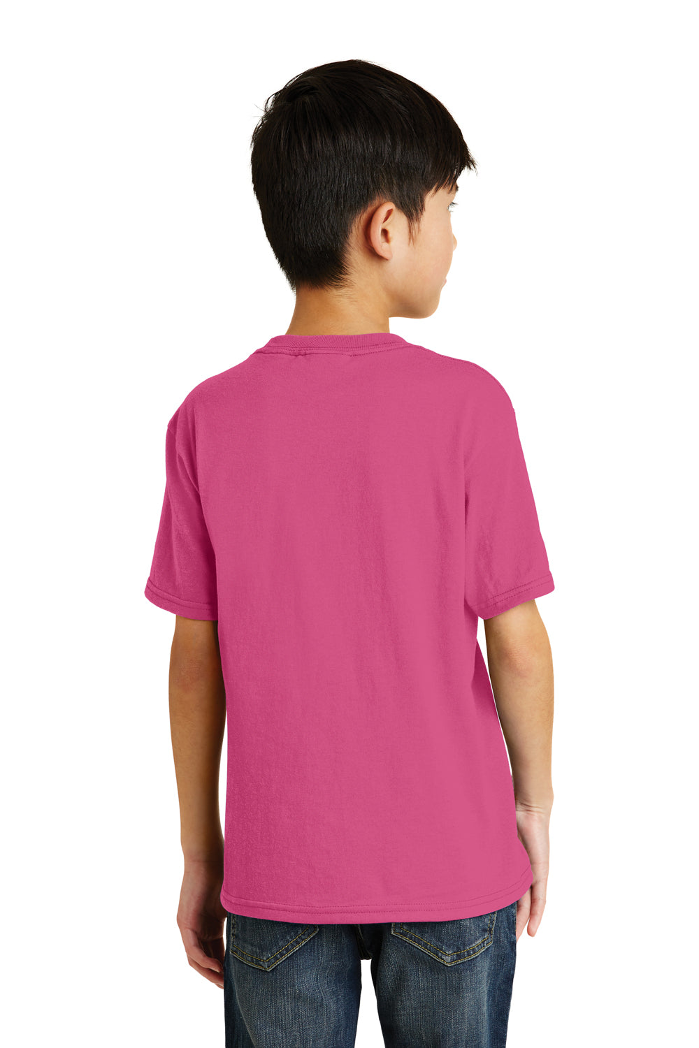 Port & Company PC55Y Youth Core Short Sleeve Crewneck T-Shirt Sangria Pink Model Back