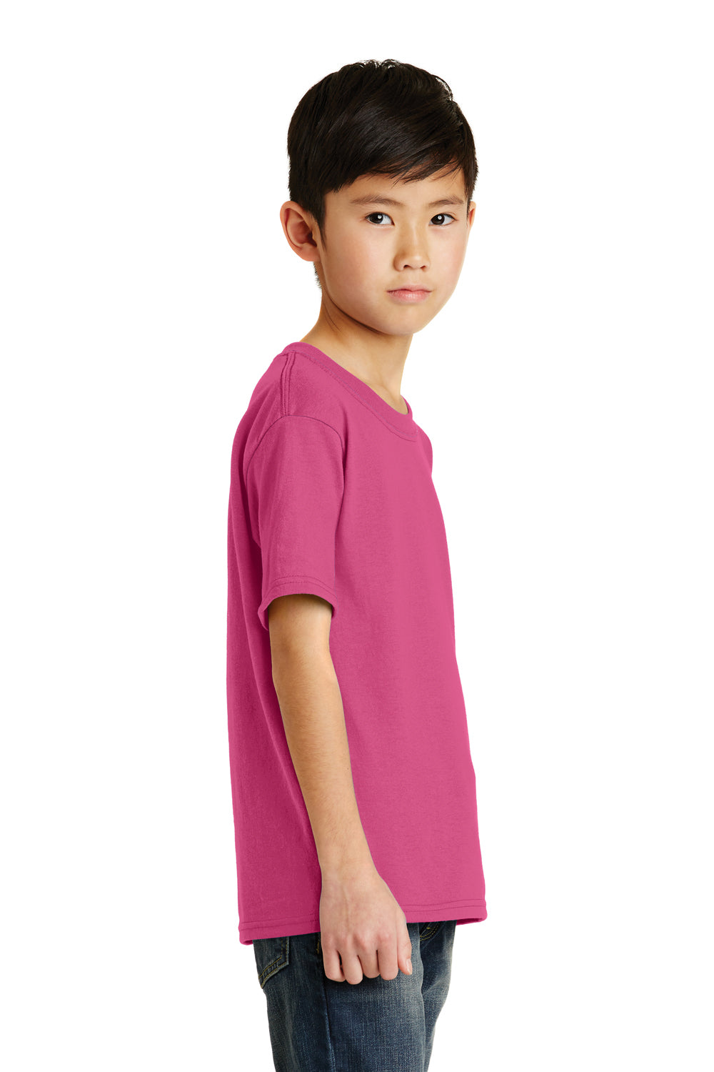 Port & Company PC55Y Youth Core Short Sleeve Crewneck T-Shirt Sangria Pink Model Side