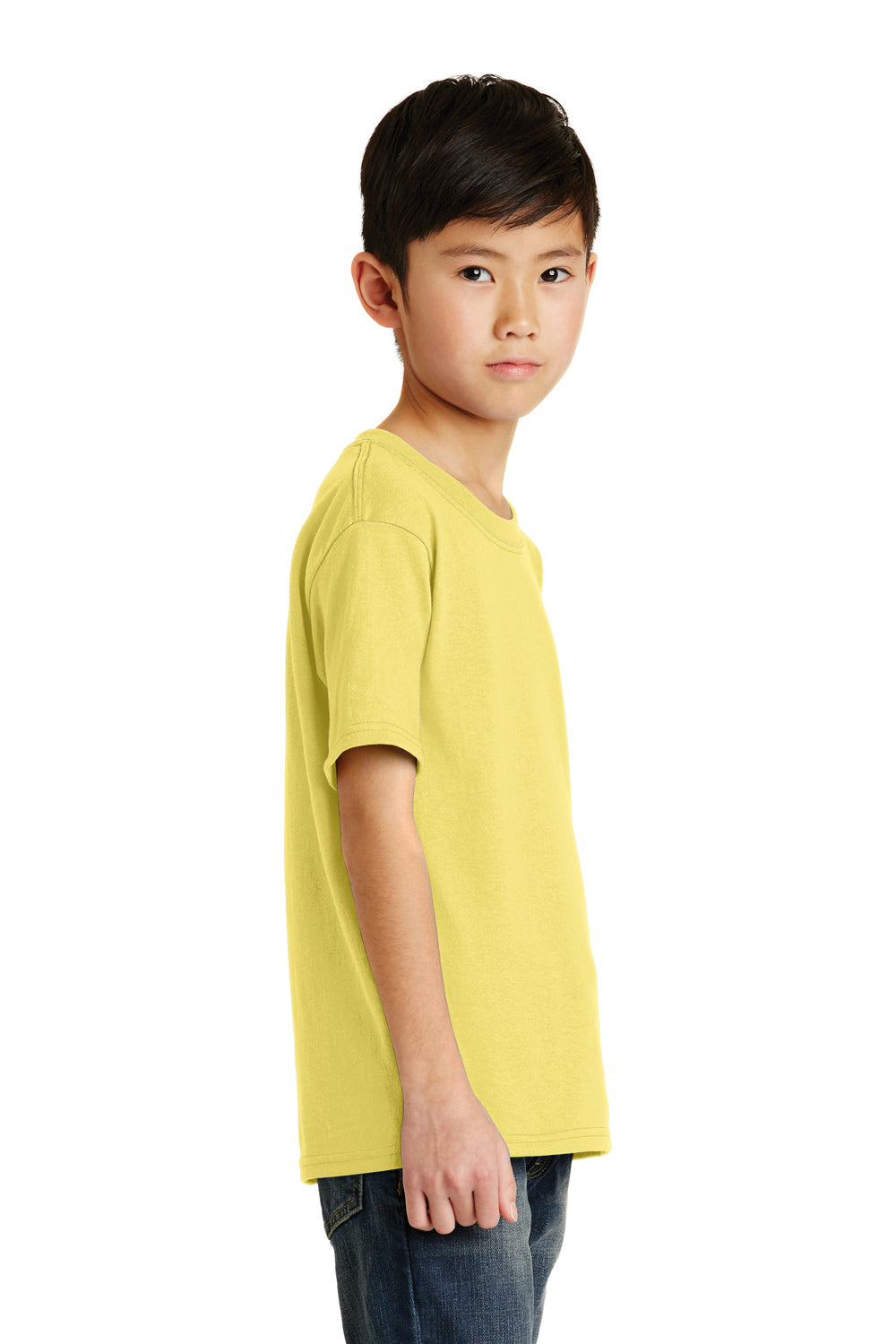 Port & Company PC55Y Youth Core Short Sleeve Crewneck T-Shirt Yellow Model Side