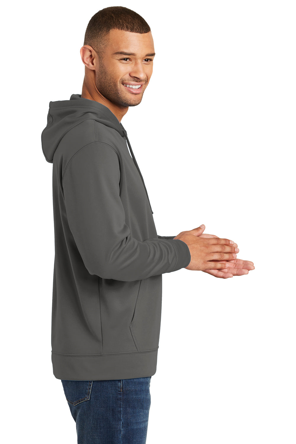 Port & Company PC590H Mens Dry Zone Performance Moisture Wicking Fleece Hooded Sweatshirt Hoodie Charcoal Grey Model Side