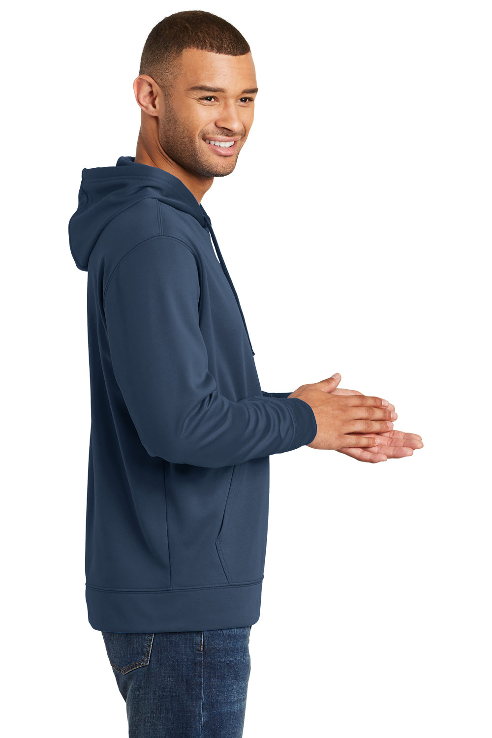 Port & Company PC590H Mens Dry Zone Performance Moisture Wicking Fleece Hooded Sweatshirt Hoodie Deep Navy Blue Model Side