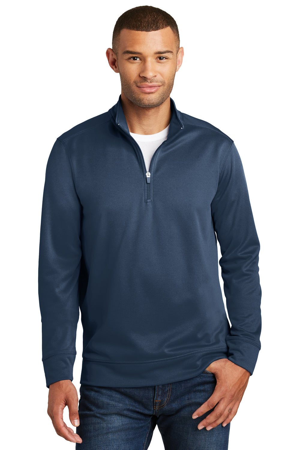 Port & Company PC590Q Mens Dry Zone Performance Moisture Wicking Fleece 1/4 Zip Sweatshirt Deep Navy Blue Model Front