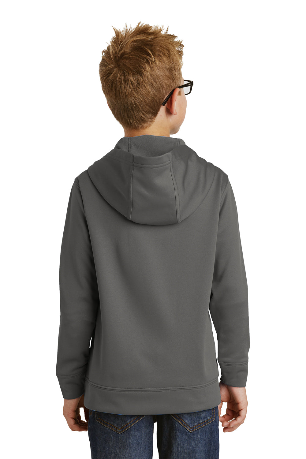 Port & Company PC590YH Youth Dry Zone Performance Moisture Wicking Fleece Hooded Sweatshirt Hoodie Charcoal Grey Model Back