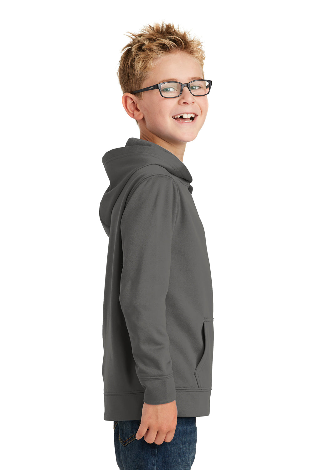 Port & Company PC590YH Youth Dry Zone Performance Moisture Wicking Fleece Hooded Sweatshirt Hoodie Charcoal Grey Model Side