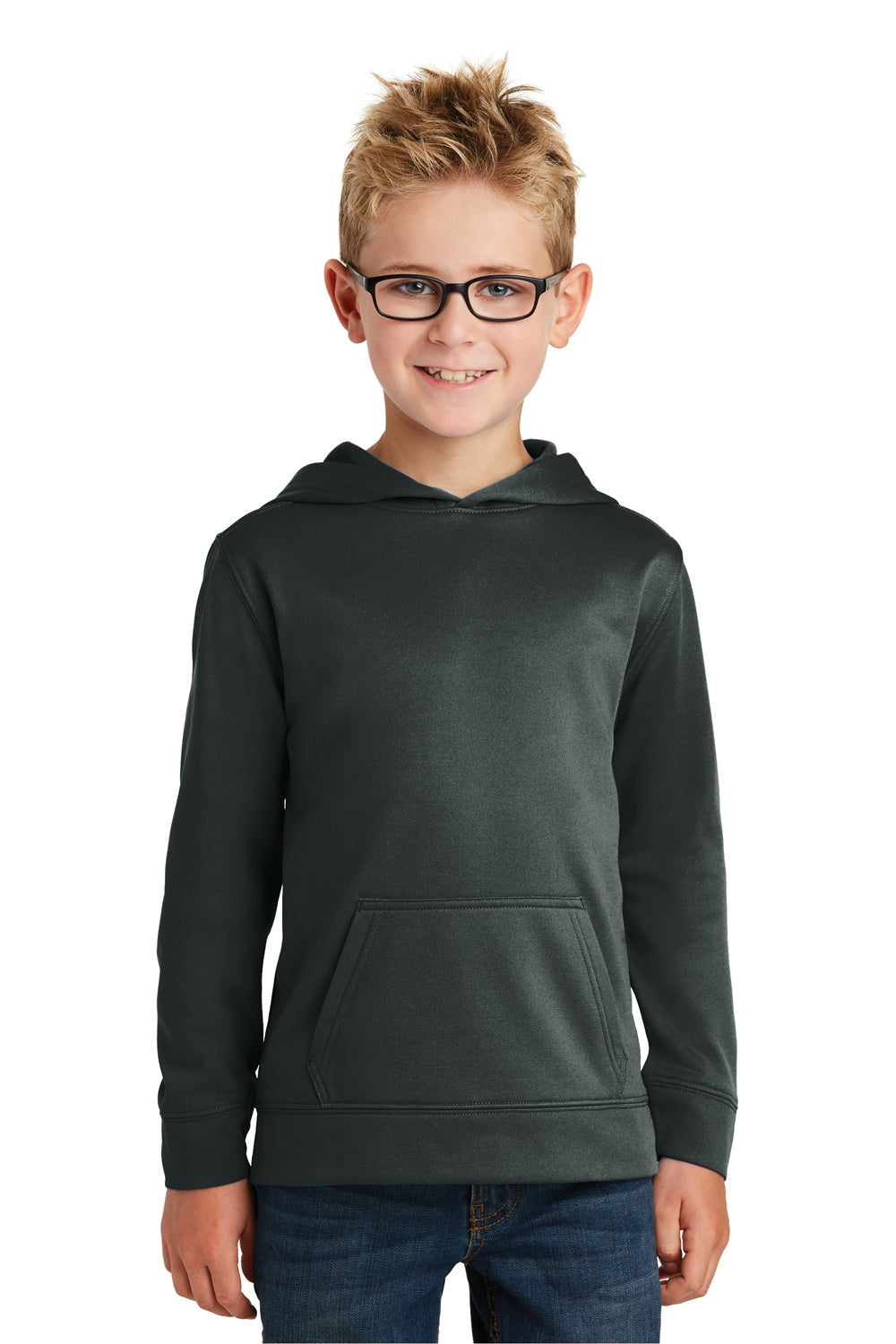 Port & Company PC590YH Youth Dry Zone Performance Moisture Wicking Fleece Hooded Sweatshirt Hoodie Jet Black Model Front